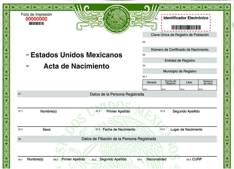 Acta de nacimiento Estados Unidos Mexicanos, Gobierno de México
